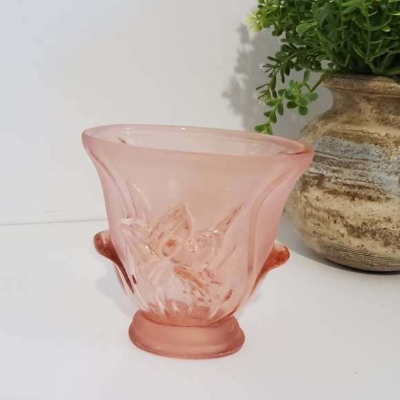 Vintage Pink Frosted Depression Glass Vase - Picture 2 of 7